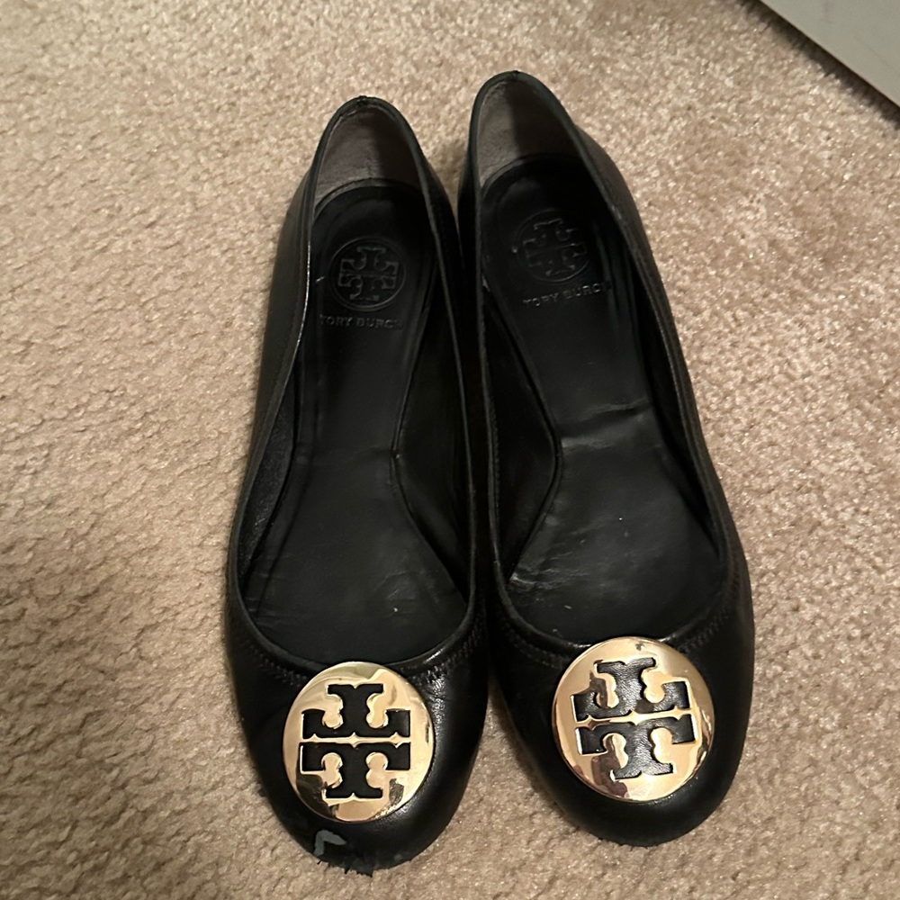 Tory Burch Black Ballet Flats with Gold Emblem